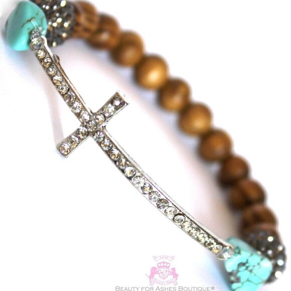 Its Your Divine Destiny Prayer Silver Plated Crystal Cross Stretch Bead Bracelet - Picture 3 of 7